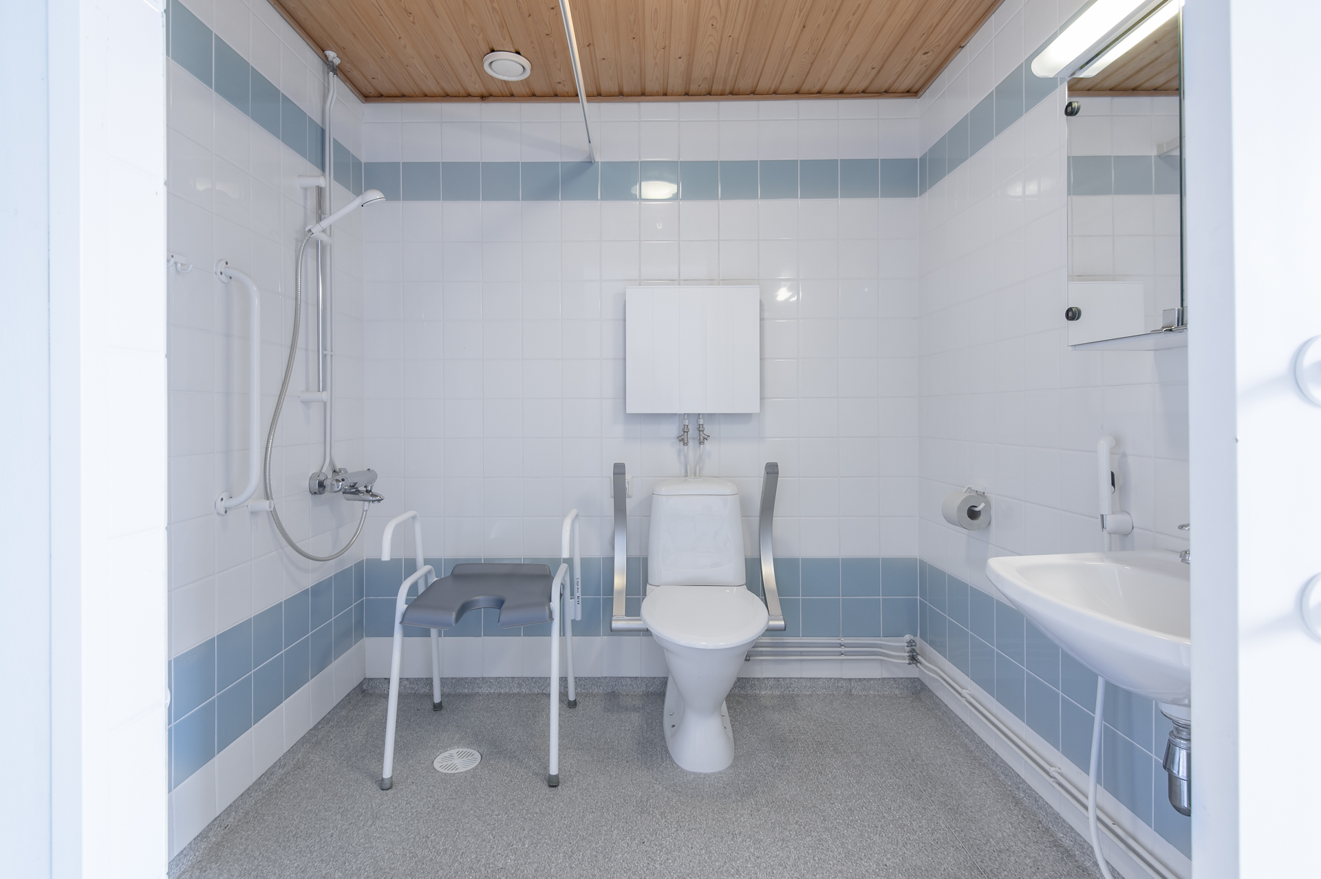 12Esteetoen kylpyhuone jossa on wc ja suihku ja pesuallas